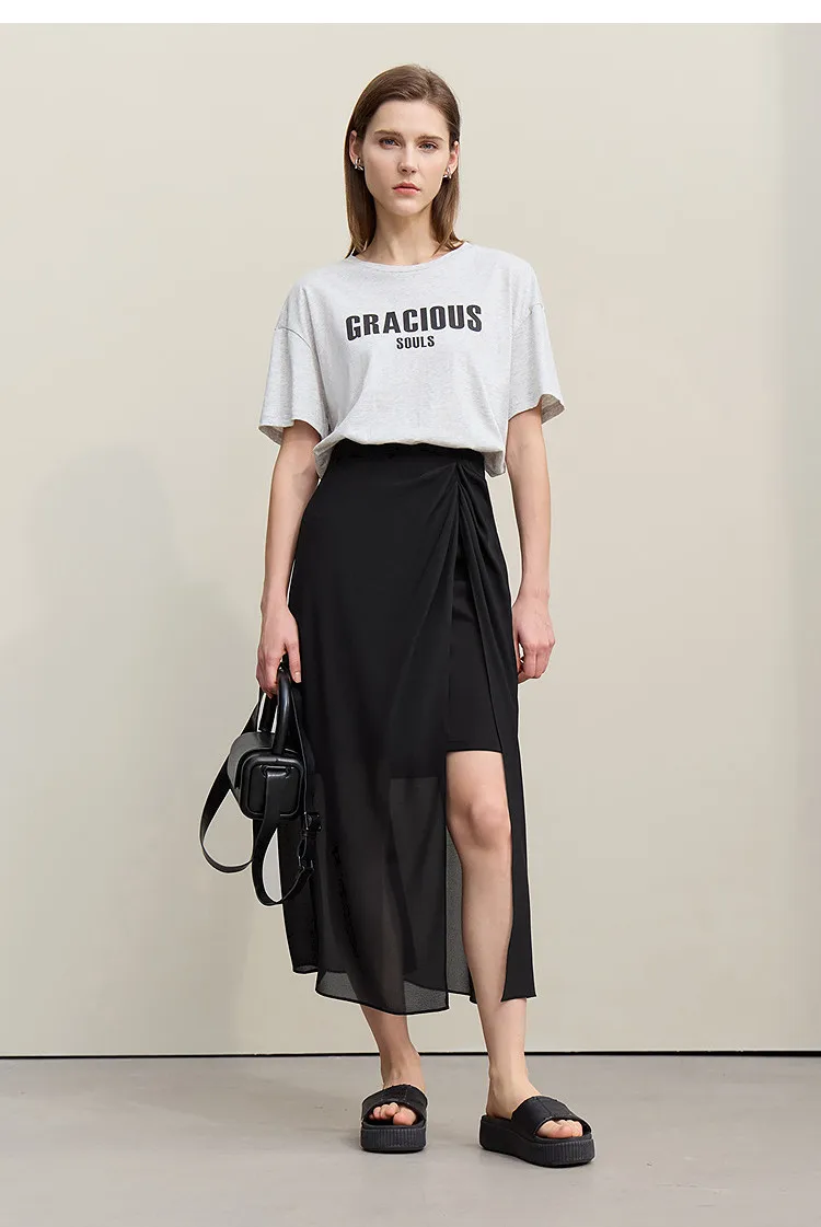 Amii Women's Skirt 2026 Summer Elegant Chiffon Midi Skirt Pleated Side Slit Office Casual Versatile Women's Clothing 12612002