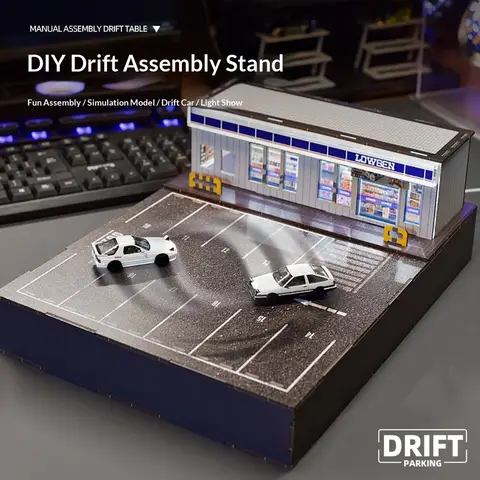 1:64 Scale Car Model Magnetic Drift Station DIY Electric Assemble Track Initial D Tokyo Drift Light Up Scene Boys Gift