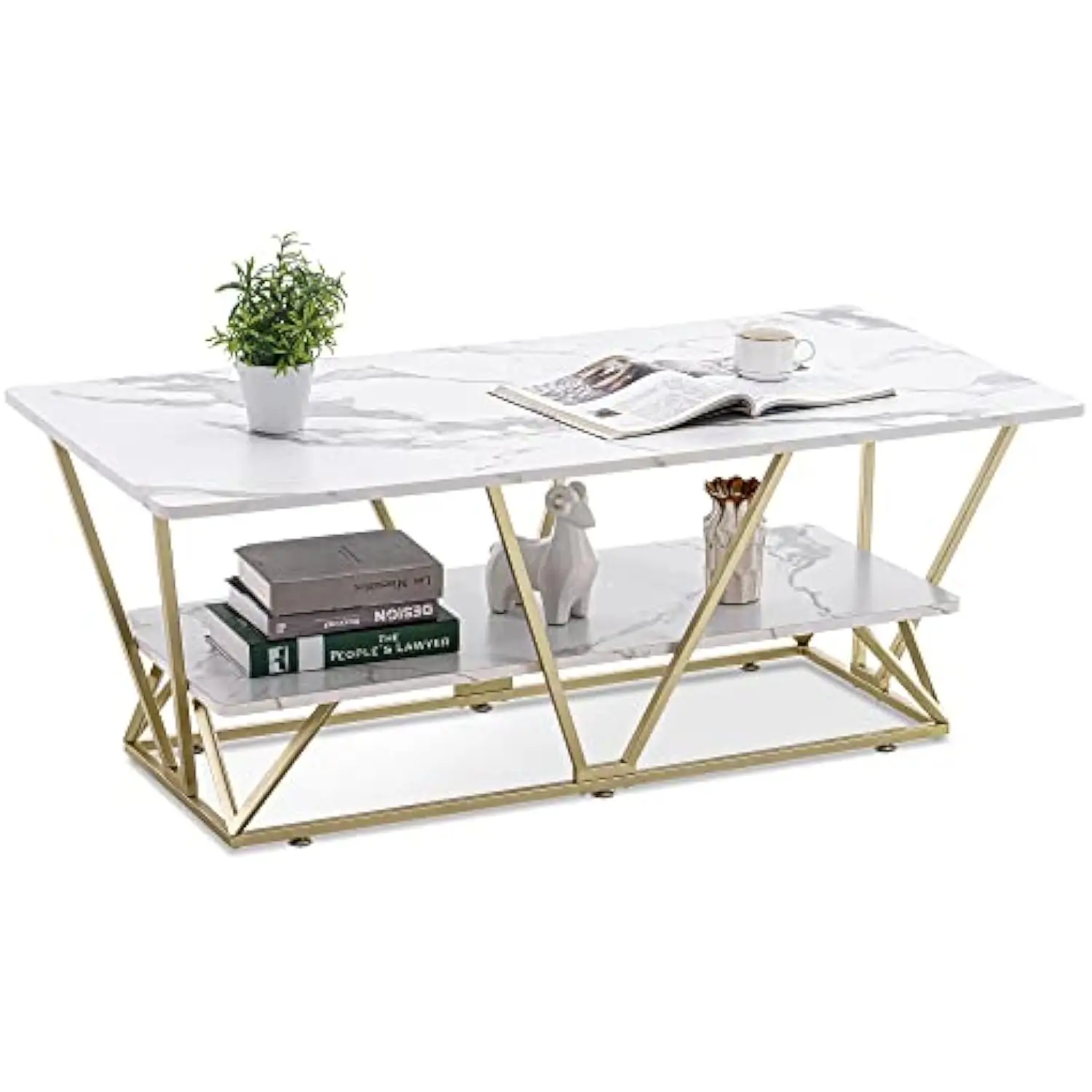 

Coffee Table with Storage, Modern White Center Table for Small Space, Rectangle Living Room Table with Faux Marble and Gold Fr