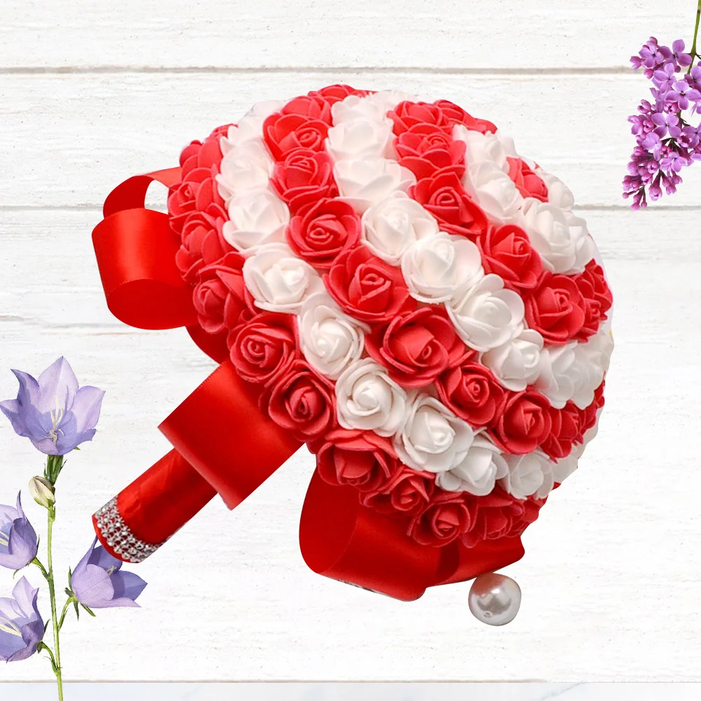 باقة العروس المربوطة يدويًا لون الحلوى المقلد الوردي الرائع من البولي ايثيلين زهرة الزفاف النابضة بالحياة لتزيين مكتب المنزل والعروس