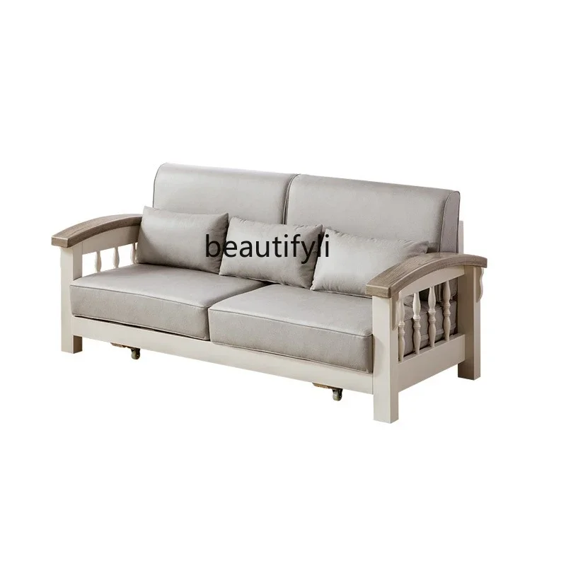 

American-Style Solid Wood Sofa Band Bed Light Luxury Small Apartment Living Room Fabric Craft Full Removable Washable Sofa Bed