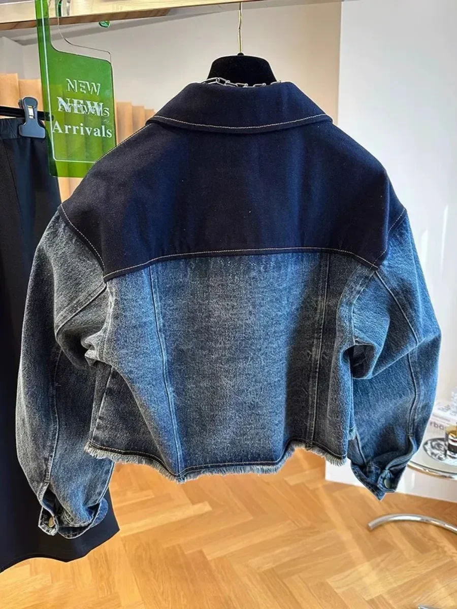 Vintage Blue Patchwork Crop Denim Jacket Women Korean Style Turn-down Collar Single-breasted Short Jeans Jackets Autumn Overcoat