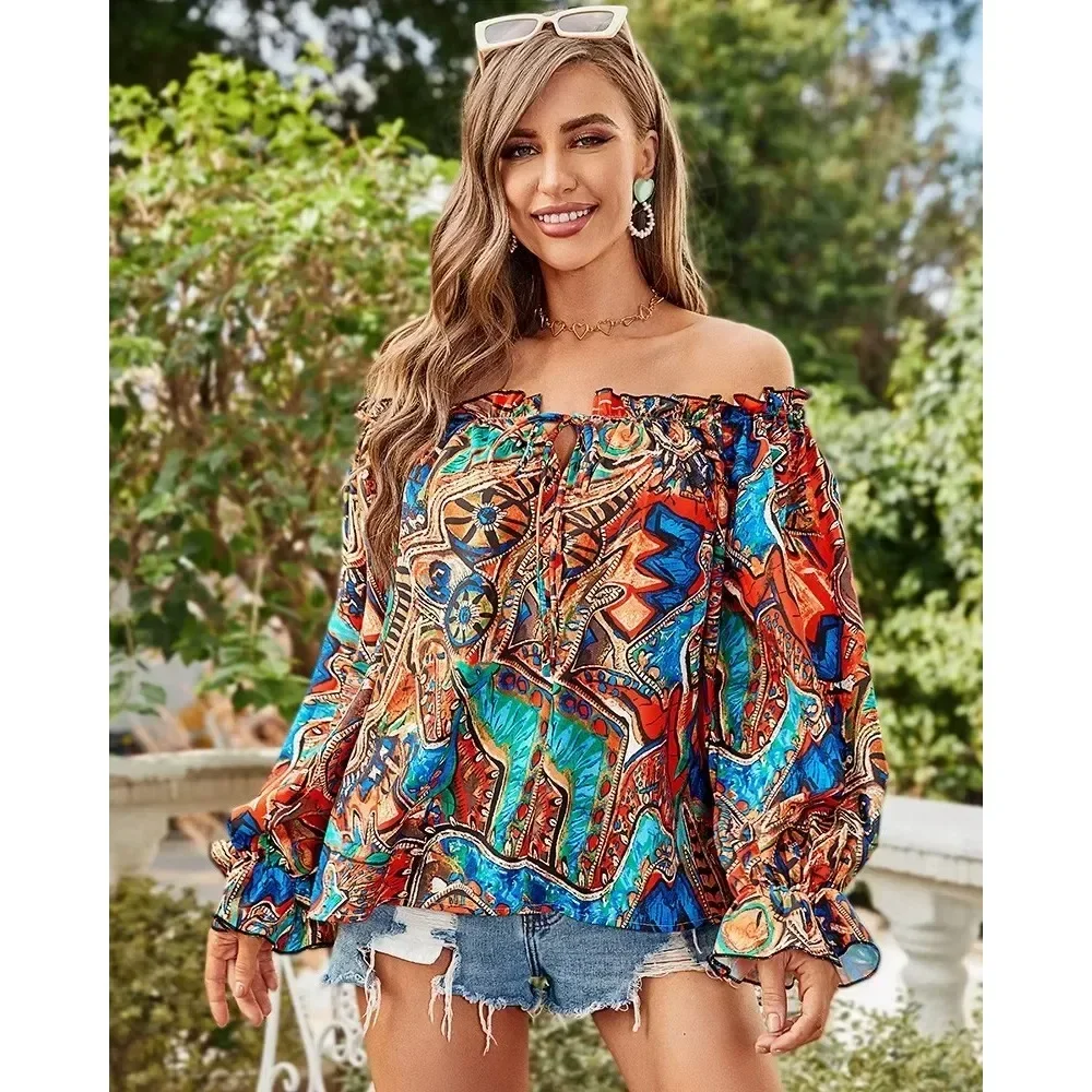 Women\'s S-2XL Size Sexy One Line Neck Off Shoulder Long Sleeve Printed Shirt Fashion New Style