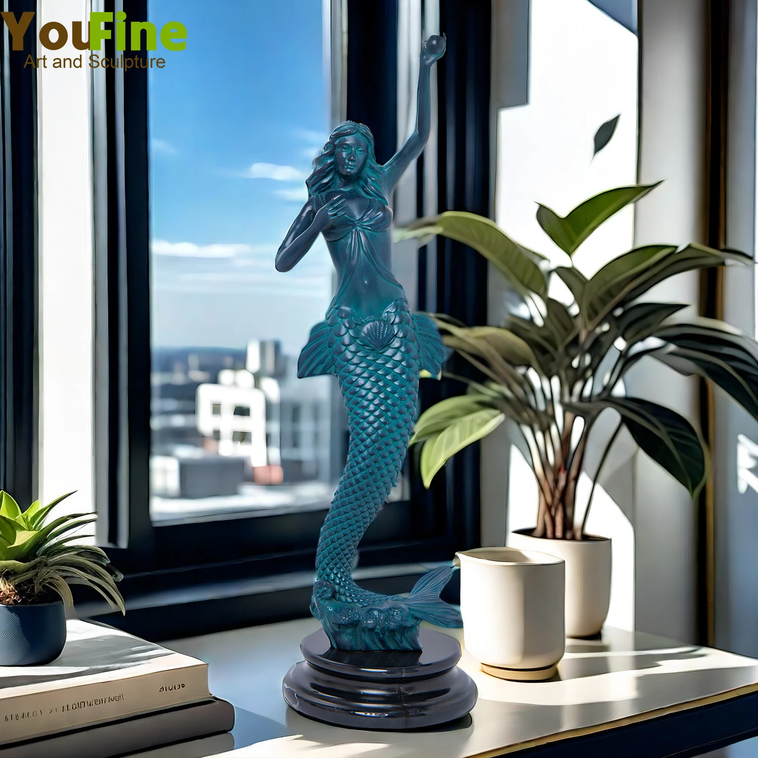 50cm rzeźba syrenka z brązu elegancka gorąca syrenka statua z bronzu z marmurowa podstawa do wystrój sztuka dla domu kolekcjonerskich