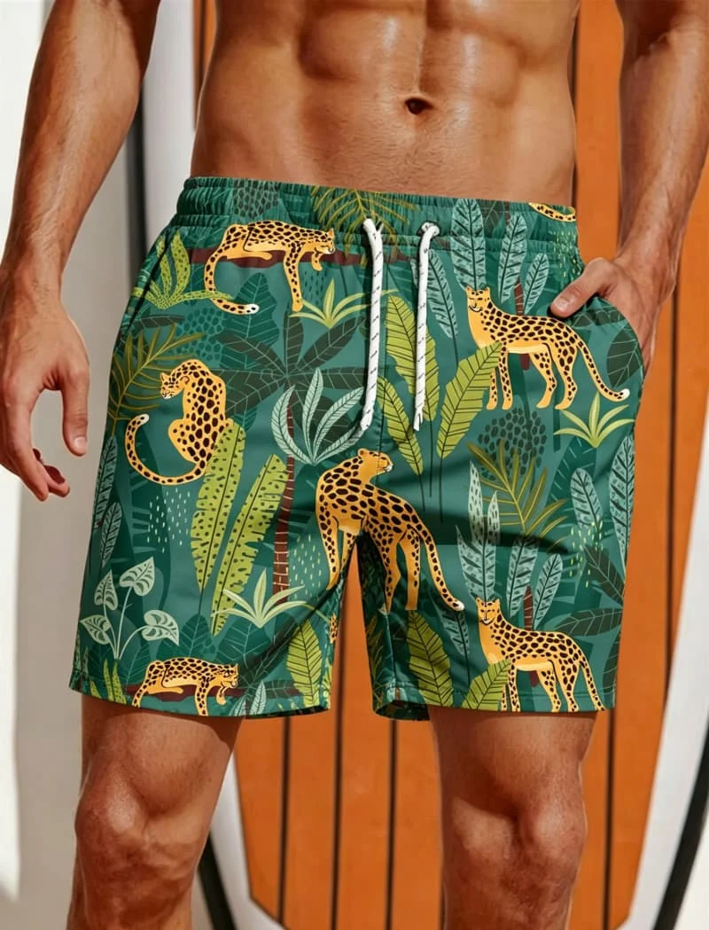 Men's tropical jungle animal print quick drying beach shorts, casual version, suitable for beach play and summer vacation