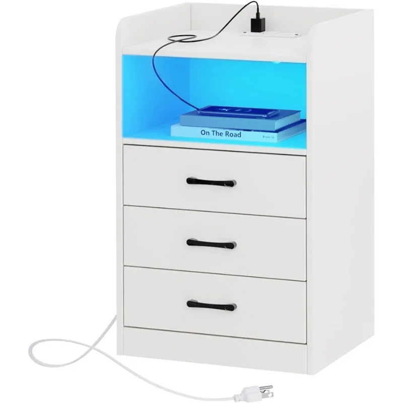 

Nightstand with Charging Station and LED Light Strips, Night Stand with Drawers, End Table with USB Ports and Outlets