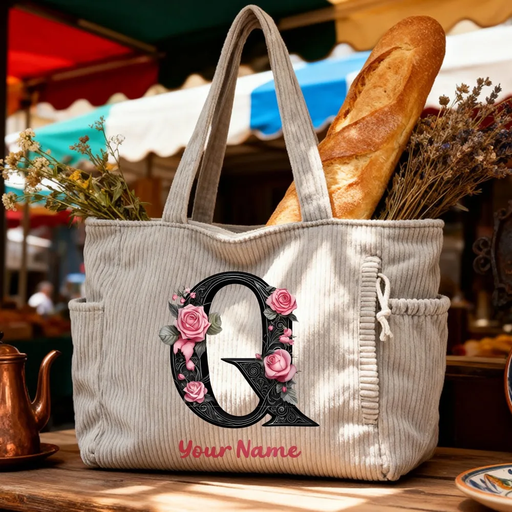 

Custom Name Corduroy Tote Bag Beach Shoulder Travel,Floral Dragonfly Initial Bag, Summer Birthday Mother's Day Vacation Everyday