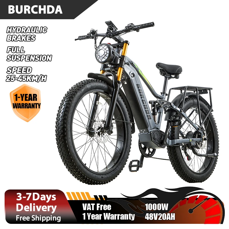 BURCHDA-RX80 Vélo électrique adulte, moteur 1000W, batterie 48V 20AH, 26 » 4.0Fatbike, Mountain and Snow E-Bike, Off-Road Bike