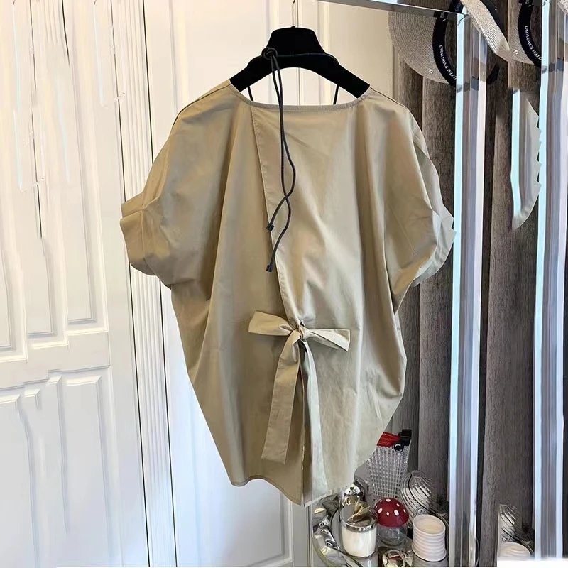 Damska letnia bluzka typu nietoperz plus size, modna bluzka z obniżoną talią, elastycznym dołem, uniwersalna, codzienna bluzka.