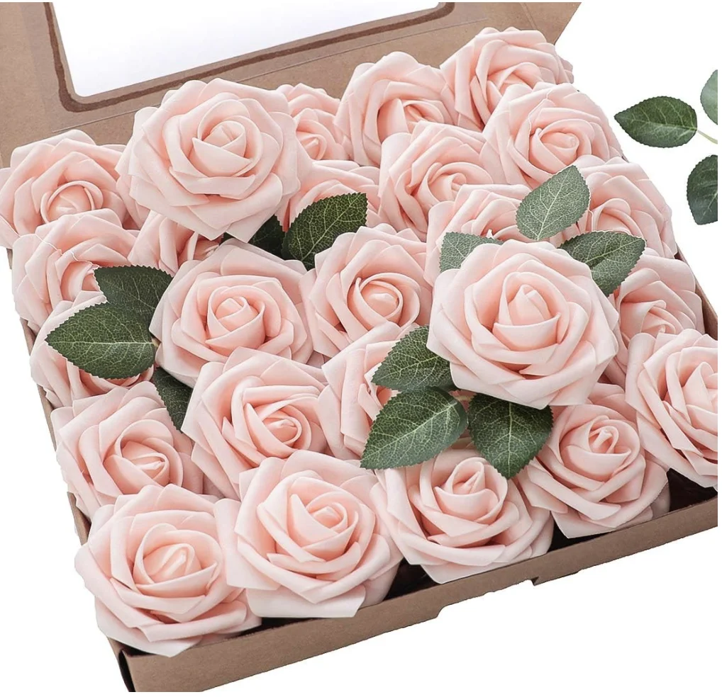 Artificial Flowers 25pcs Real Looking Blush Foam Fake Roses with Stems for DIY Wedding Bouquets Bridal Shower Centerpieces Party