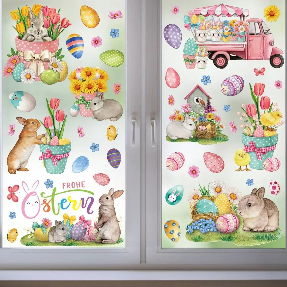 

9pcs/1 set Bunny Happy Easter Window Stickers Flowers Egg Rabbit Electrostatic Glass Sticker Cute Cartoon