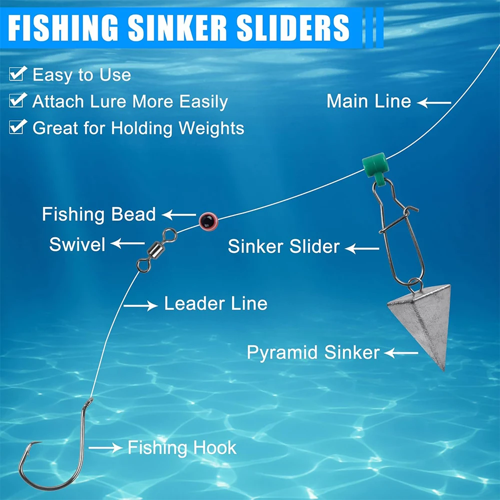 16 Stück Angelschnur Sinker Slides Heavy Duty Sinker Slider Wirbel mit Duo Lock Hooked Snaps Salzwasser Sinker Gewichte Anschluss – Detail 5