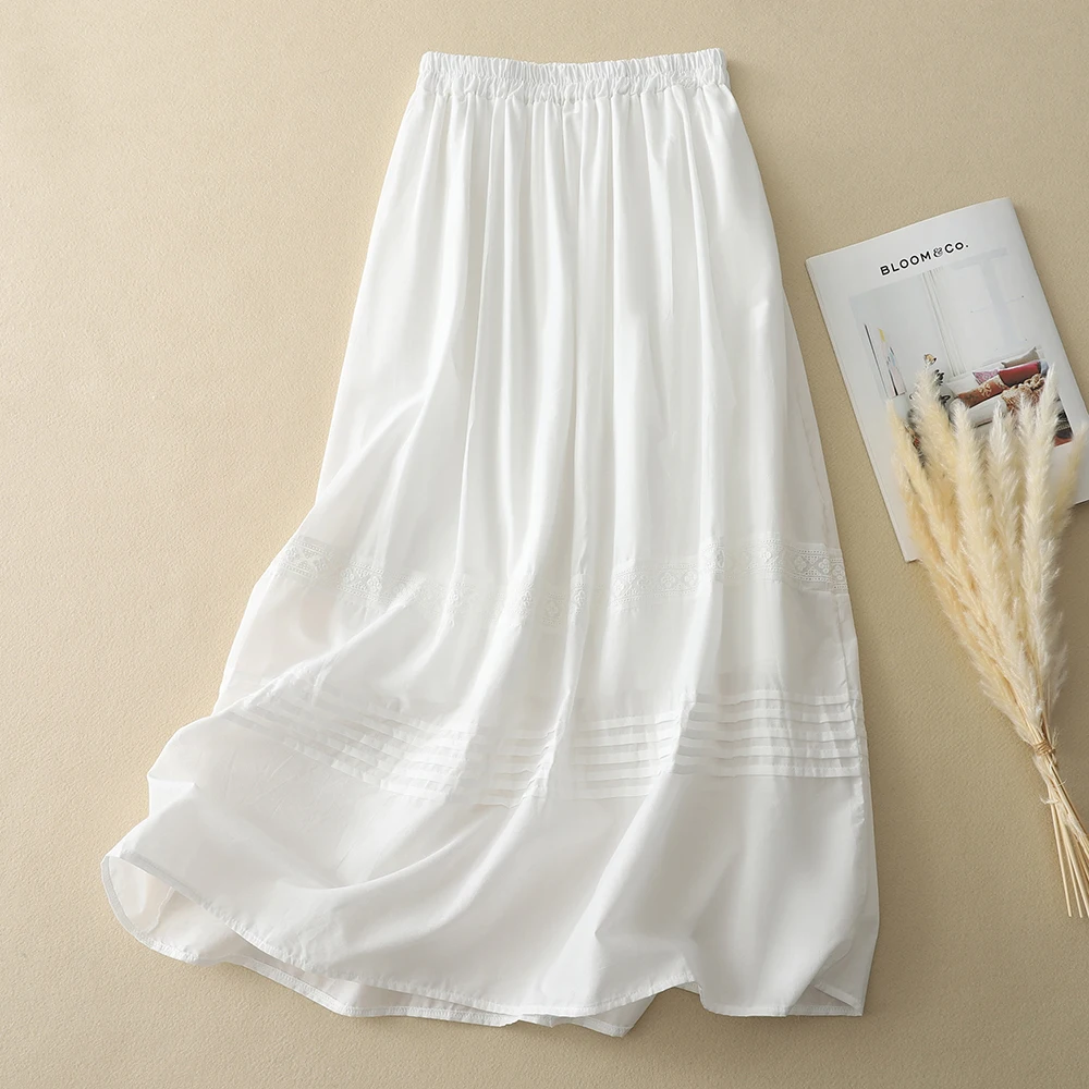 

Юбка А-силуэта с высокой талией женская, весна-лето, новая, эластичная, свободная, расклешенная, белая, хлопковая, повседневная, для работы