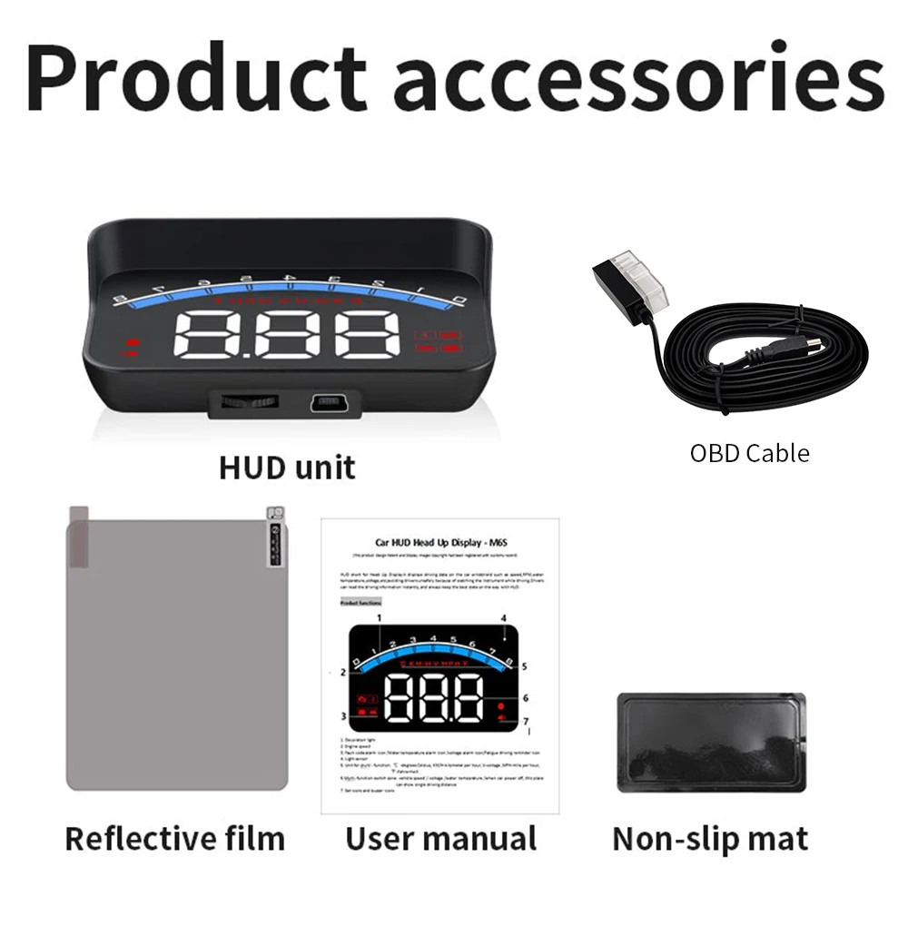 AD M6S HUD سيارة رئيس يصل عرض إلكترونيات السيارات KM/h MPH Obd السرعة الزائدة إنذار الأمن الزجاج الأمامي العارض عرض سيارة RPM متر