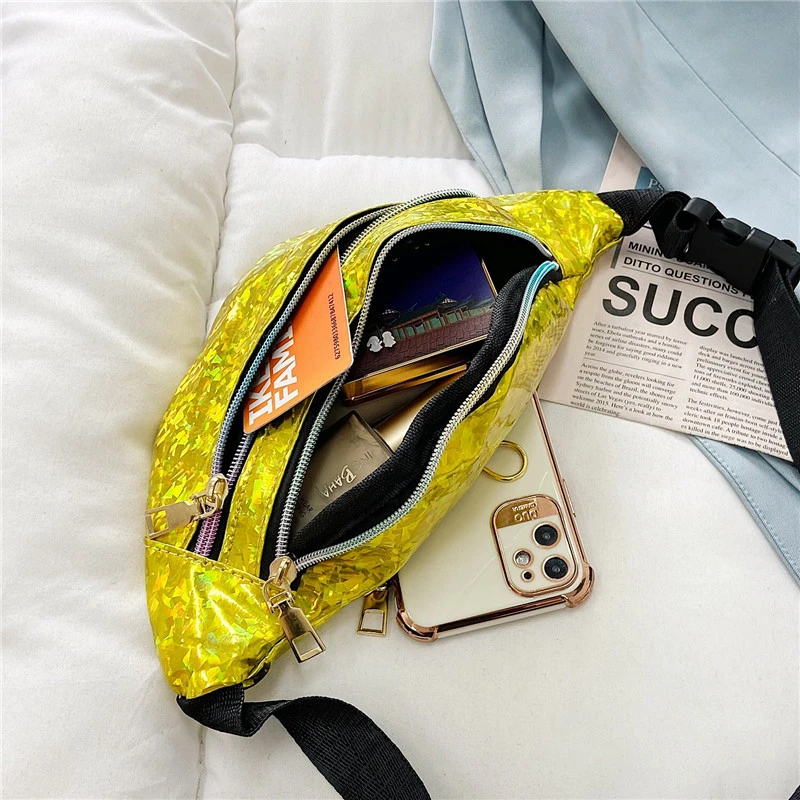 Sequin Waist Bag Holographic Laser Glass Shard Fanny Pack PU Cross-Body Pocket Closure Coin Purse Women Girl Bum Belt Chest Bag