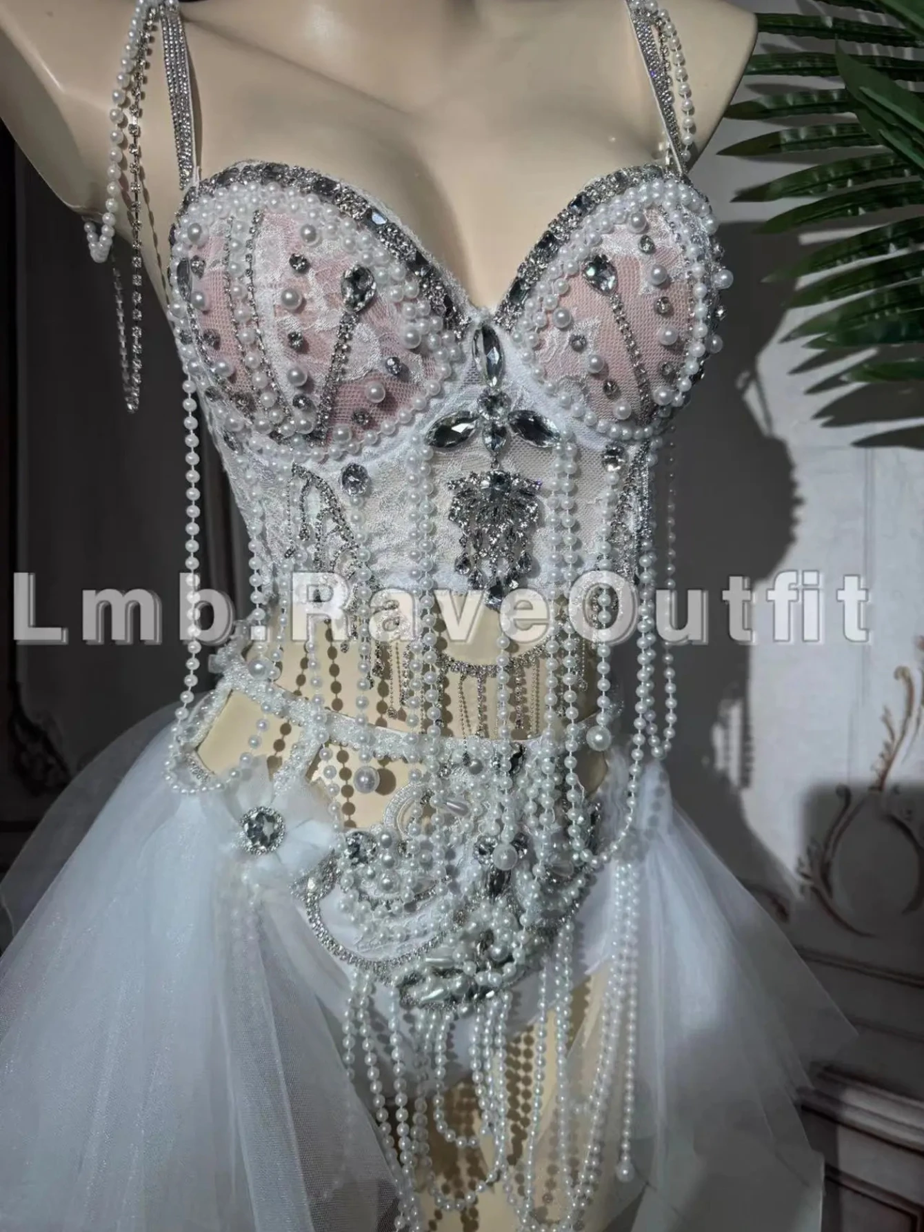 Sexy Luxury Sparkling Diamond Pearl Tassel Bikini Dress Big Powder Blusher Bar Nightclub Show Electric Syllable Singer Dance Set