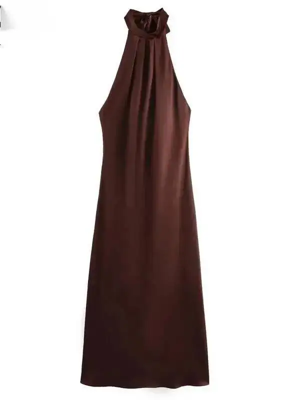 الرسن الساتان فستان طويل المرأة تعادل عارية الذراعين البني ميدي فستان الصيف قبالة الكتف فساتين الحفلات مطوي مساء فستان MKX8