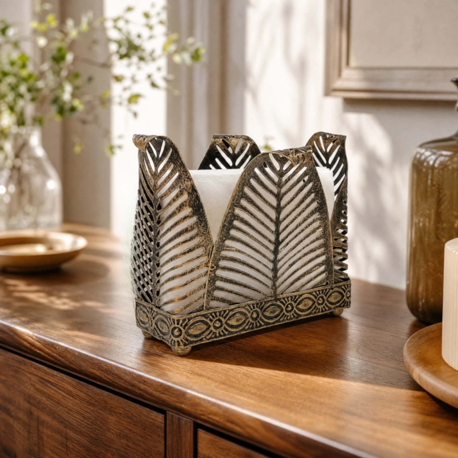 Open Rectangular Napkin Holder with Cutout Patterns Space-Conscious Freestanding Tissue Dispenser for Dining Table