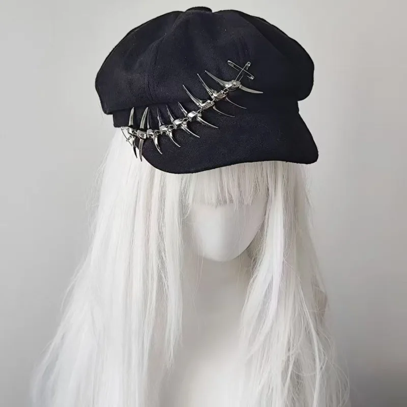 

Subculture Hottie Women's Gothic Lolita Harajuku Y2K Girl Hat Retro Punk Spike Design Octagonal Cap Newspaper Punk Spike Hats