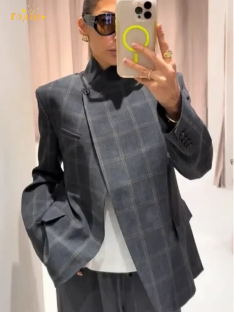 Women Irregular Plaid Blazer Jacket Fashion Stand Collar Full Sleeve Split Loose Short Coat 2026Female Daily Commute Outerwear