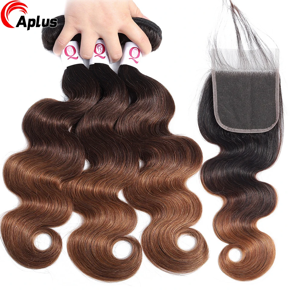 Aplus-Ombre Body Wave Bundles com Fecho, Cabelo Humano Cru, Cabelo Brasileiro Colorido, 3 Tone, T1B, 4, 30