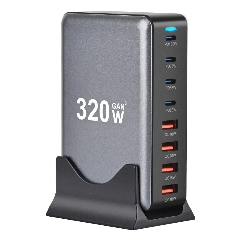 Pengisi daya Desktop 320W GaN, pengisi daya PD Tipe C USB 8-port