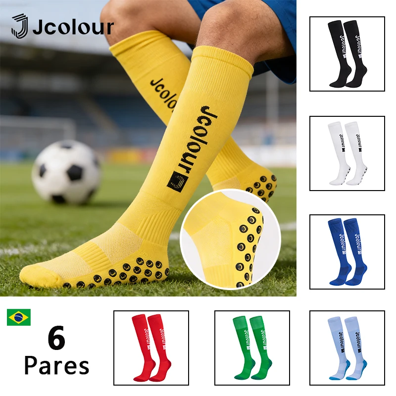 6 Pares,Meiãs futebol antiderrapantes，Meiãs altas com joelheira，Meiãs esportivas masculinas respiráveis，Meiãs poliamida