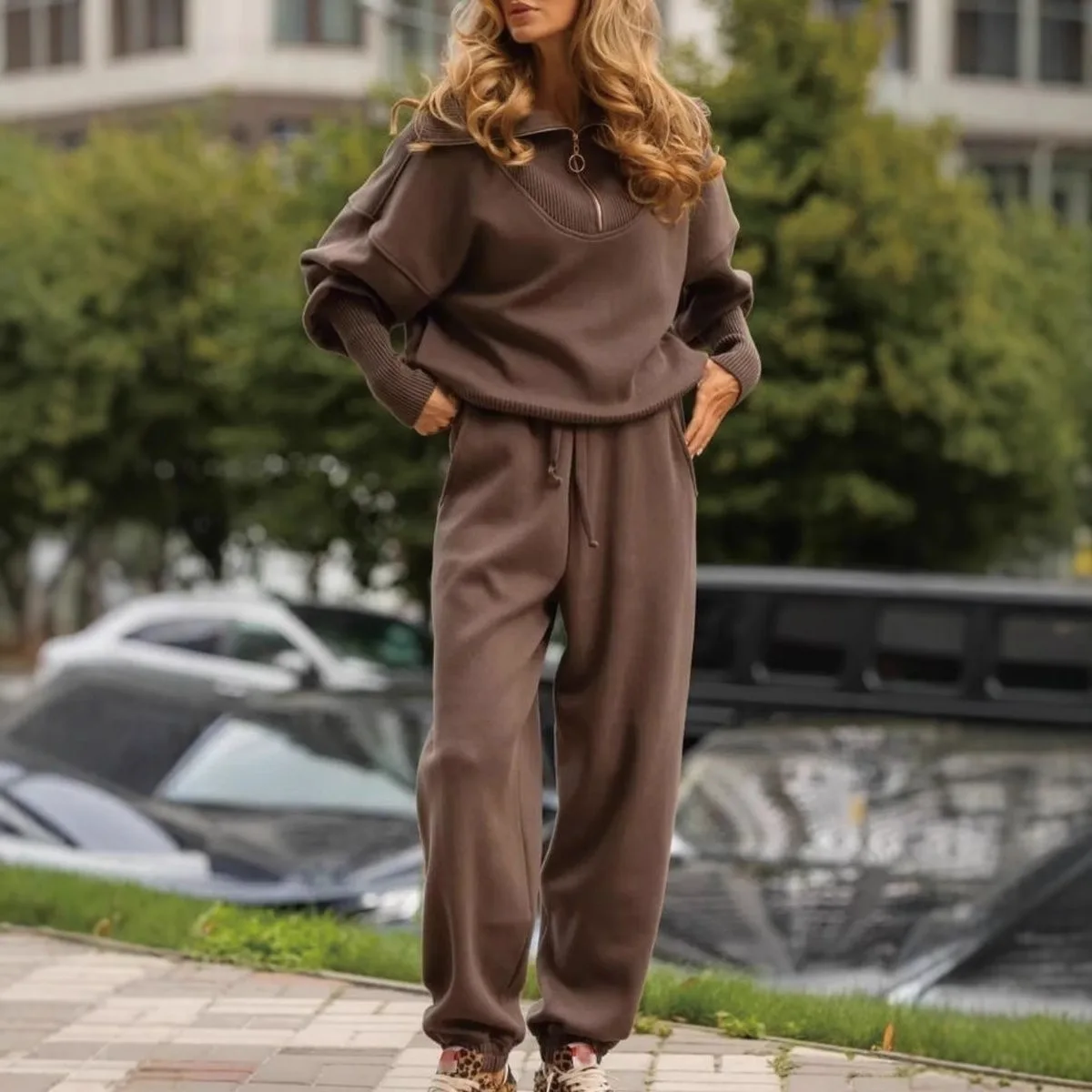 Autumn Women\'s Fashion Casual Solid Two Piece Set Zip Lapel Long Sleeve Sweatshirt Pullover & Lace-up Pants Outfit Suit Women