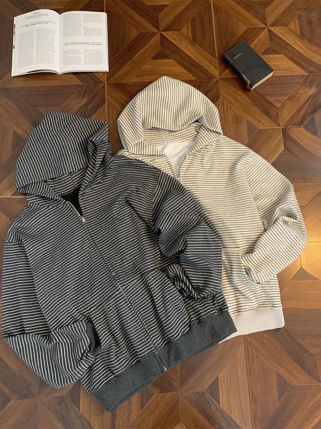 Men's Hooded Open Cardigan Sweatshirt Slim Stripe American Retro Lazy Casual Versatile Commuting Jacket Autumn Spring Leisure