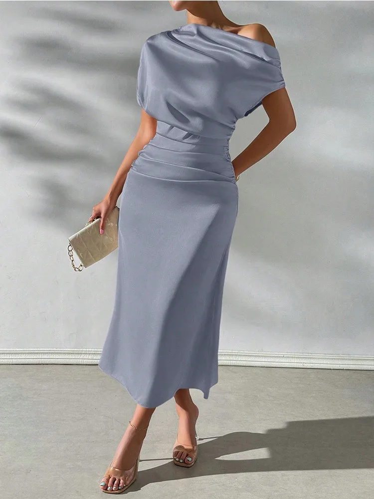 

Summer New Sexy Off The Shoulder One Shoulder Pleated Hip Hugging Women's Dresses Elegant Fashion Irregular Midi Dress Female