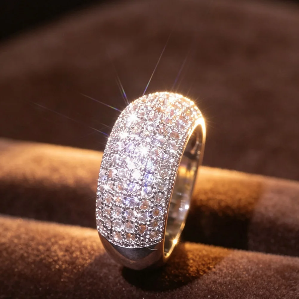 1Pcs wide dome ring with half surface fully paved shiny zircon crystals, polished smooth metal on the other side. Minimalist luxury design, fit daily wear, banquets and anniversary gifting, ring only, box not included.