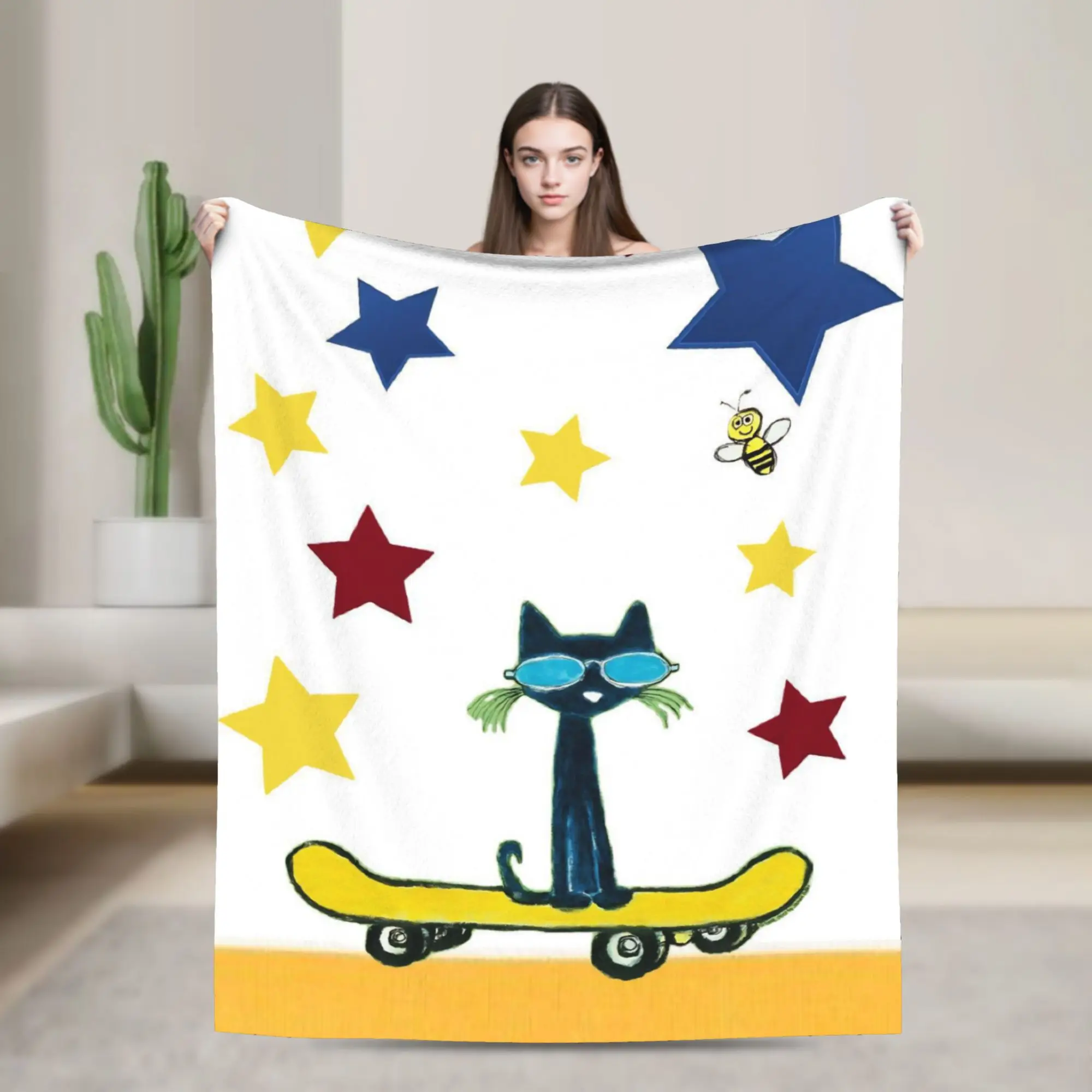 Pete The Cat Cartoon Knitted Blankets Flannel  Ultra-Soft Throw Blankets for Bed Bedroom Quilt