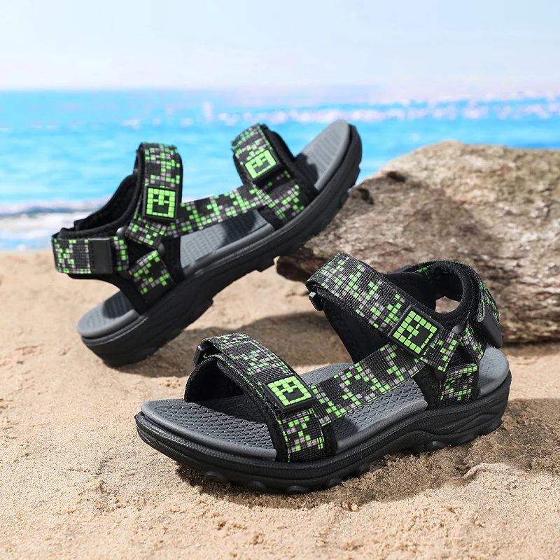

Детские повседневные сандалии на плоской подошве для мальчиков, летняя пляжная обувь, дышащая, с открытым носком, нескользящая, удобная прогулочная обувь для детей и школьников