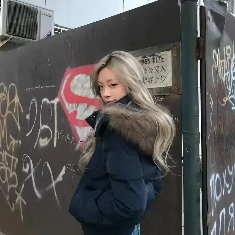 Veste rembourrée en coton pour fille, Version coréenne, épaisse, grand col en fourrure, à capuche, courte, amincissante, chaude, bouffante, hiver