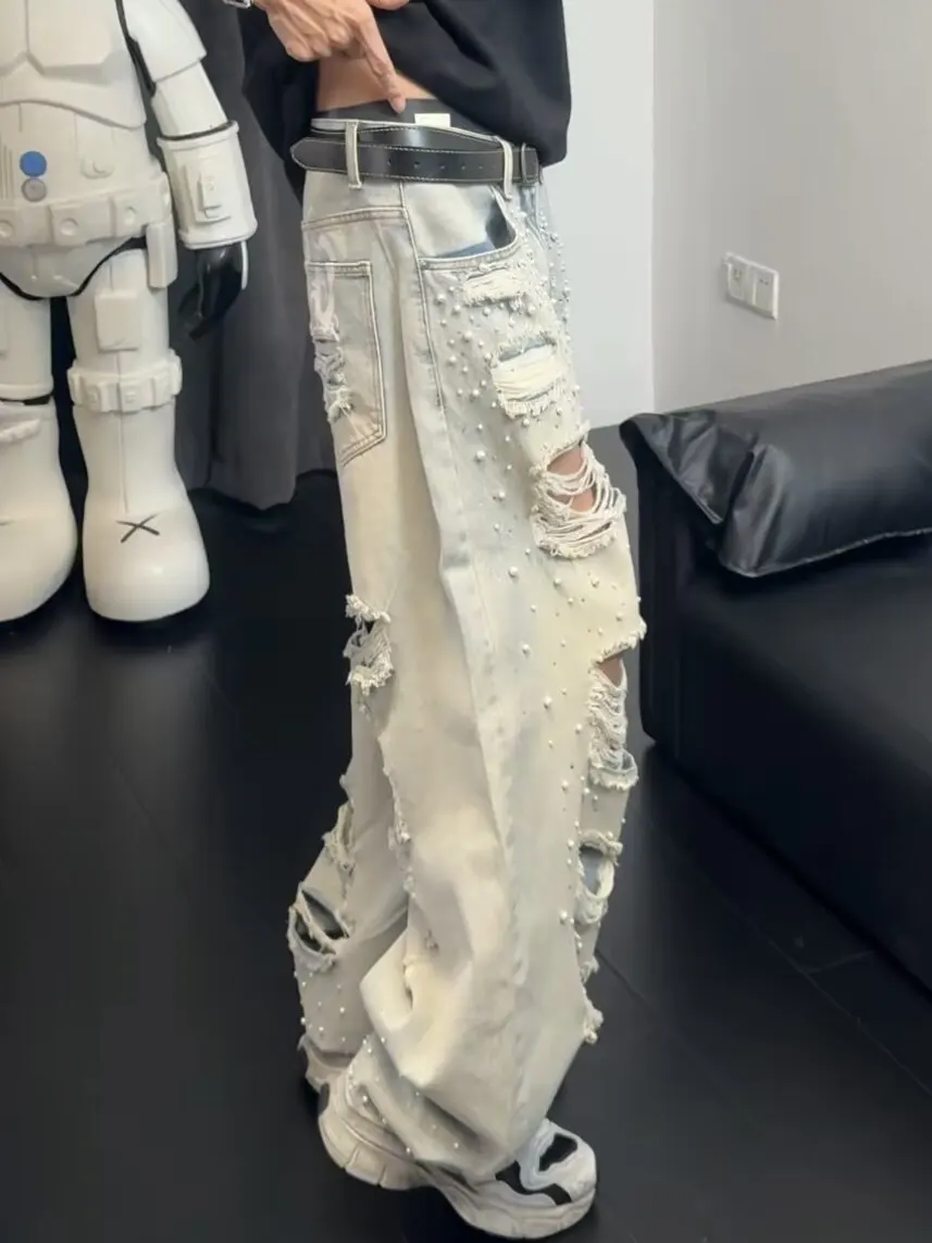 Trendy Brand Loose Fit Denim Jeans Women's Printed Wide Leg Pants Men's Hole Punch Lettering Casual Individuality Jeans