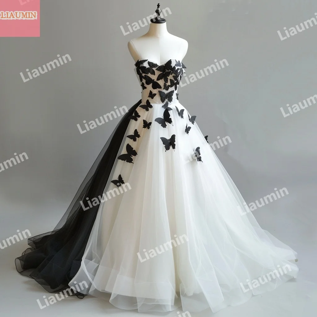 Custom Made White Tulle Black Butterfly Strapless Sweep Train Wedding Prom Dresses Bridal Ball Gowns Floor Length New W15-50.3