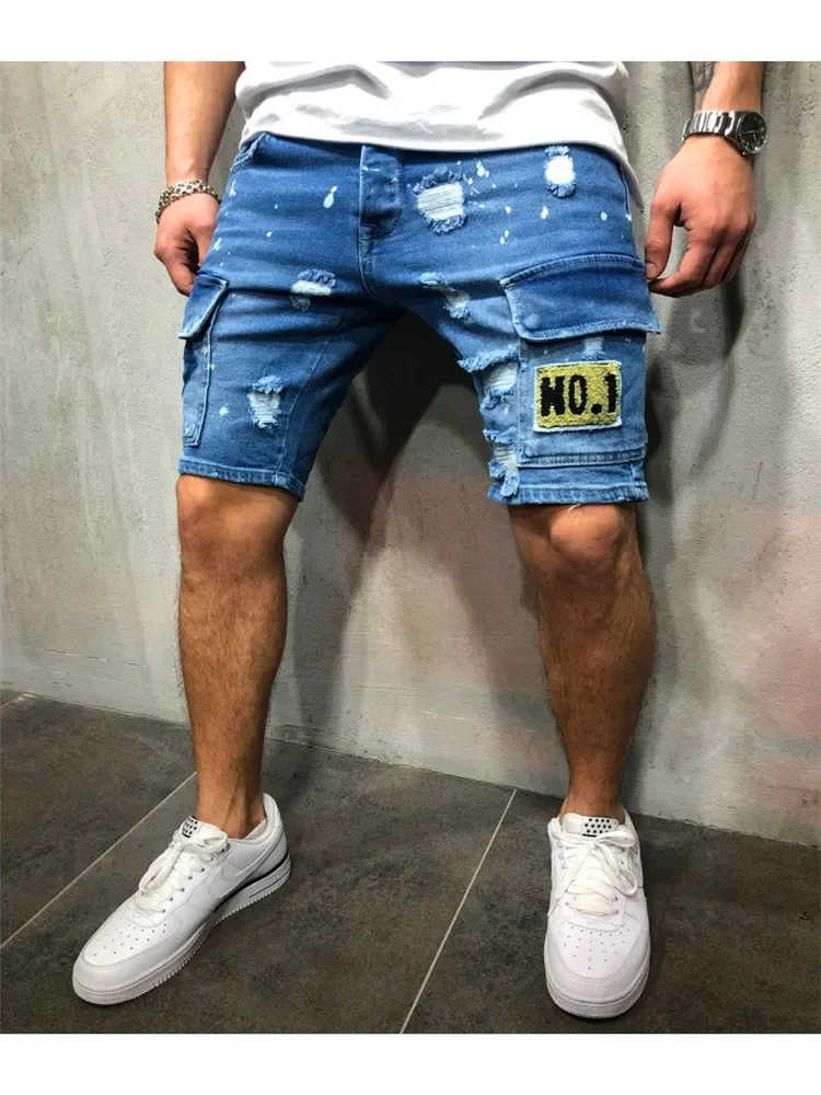 Summer New Men\'s Stretch Straight Short Jeans Fashion Casual Slim Fit High Quality Elastic Badge Pockets Hole Denim Shorts Male