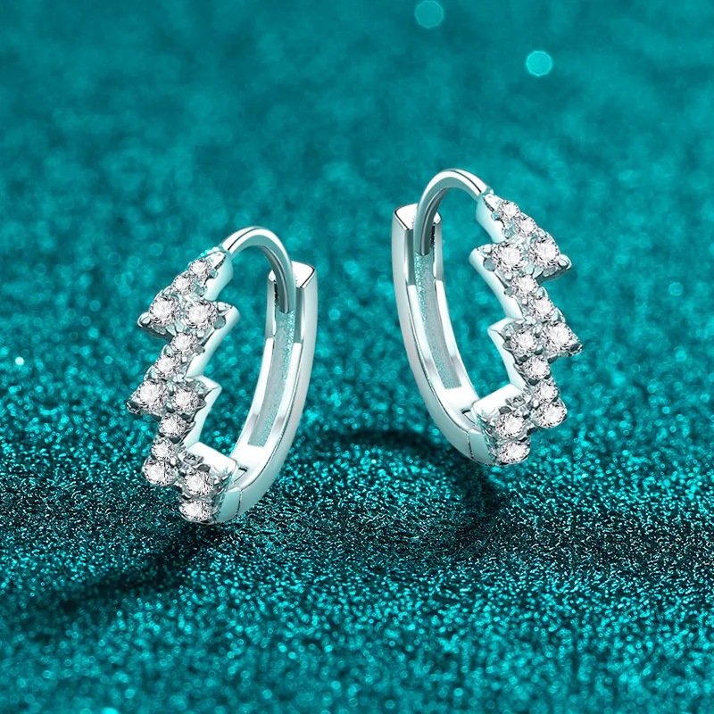 Elegant PT950 Platinum All Moissanite Lightning Stud Earrings, Women's Personalized Wavy Trendy Diamond Earrings