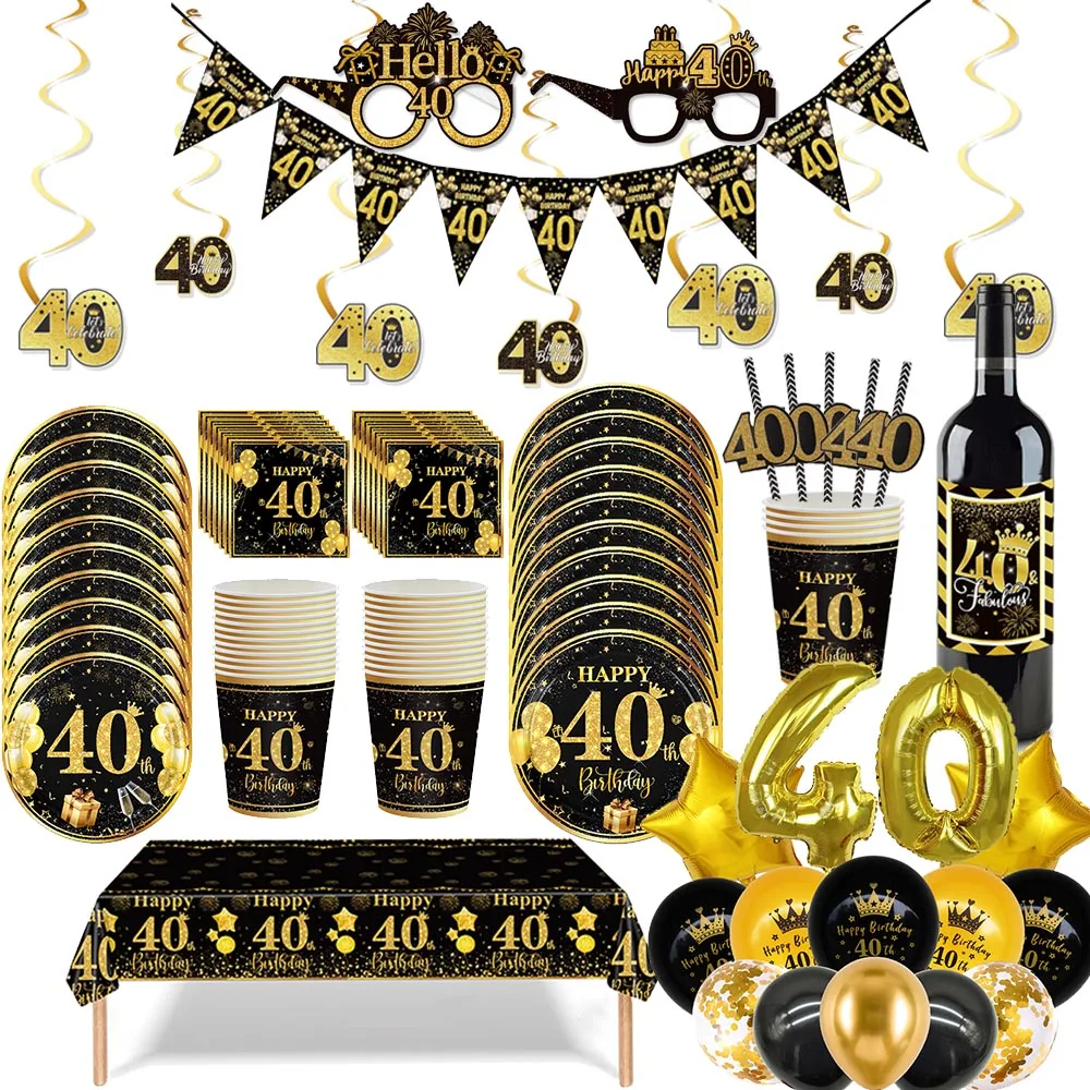 Decoración de Cumpleaños Número 40, Artículos de Fiesta de Cumpleaños Número 40 en Negro y Dorado, Platos y Servilletas de Papel para Hombres y Mujeres, Celebración de Fiesta Número 40