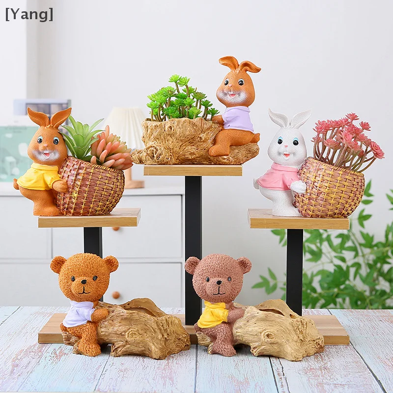 Natural Style Bear Rabbit Figurine Resin Cartoon Bunny Statue Flowerpot With Drainage Holes Retro Cute Animal Flowerpot