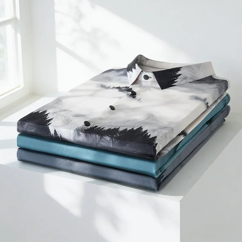 

Mens Tree Print Short Sleeve Shirt Casual Loose Fit Turn Down Collar Soft Breathable Fabric For Office Outdoor Use