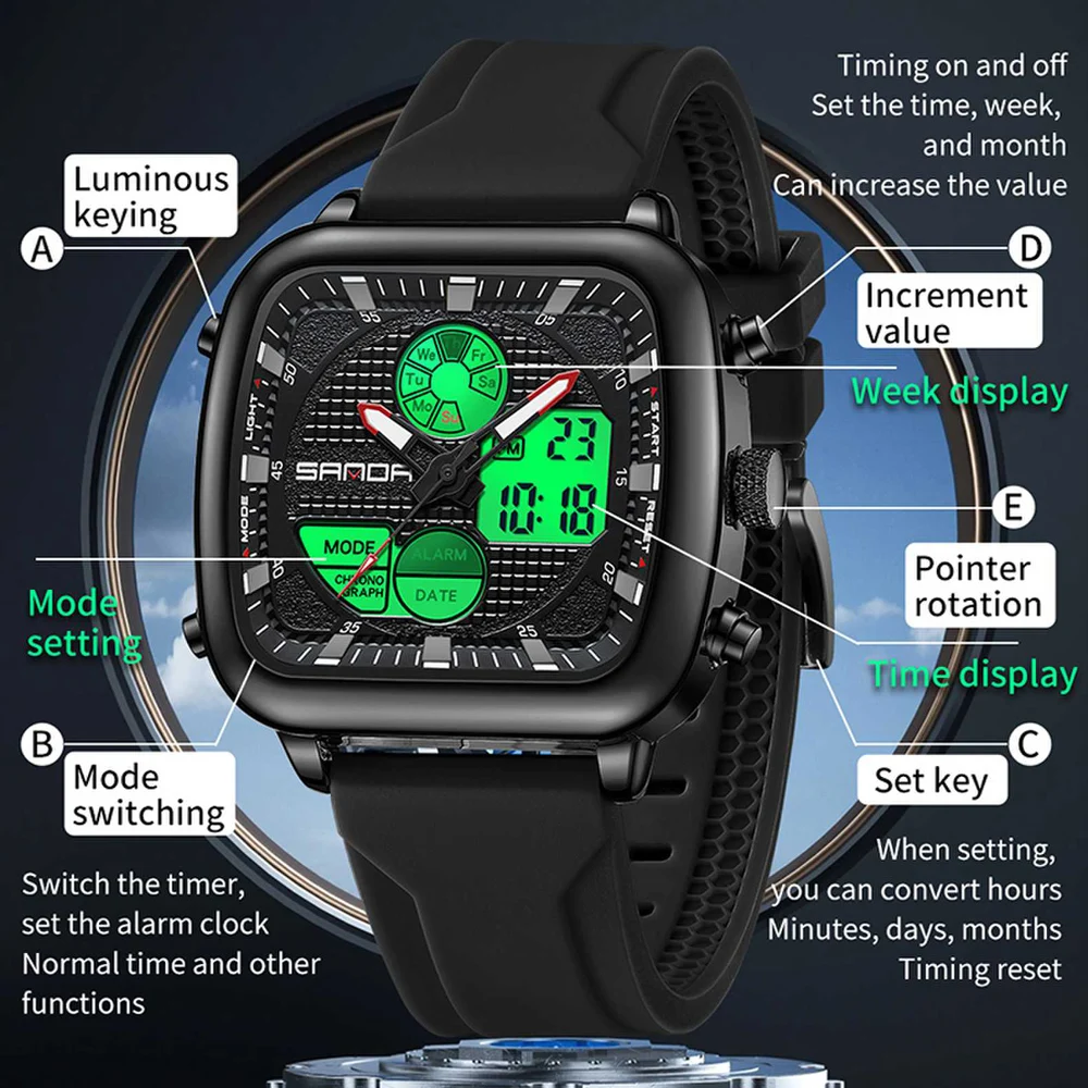 SANDA New Digital Watches Men Luxury Brand Square Dial Waterproof Shock Resistant Bright Back Light Sport Wrist Watch