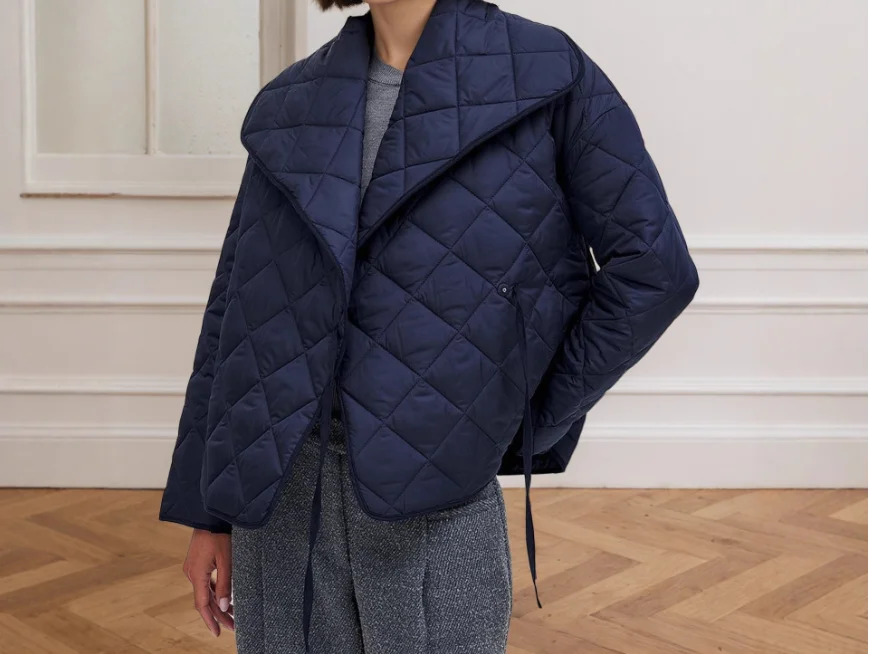 

Winter New Lapel Diamond Grid Solid Color Warm Cotton Jacket for Women's Casual Simple Lace Up Front Loose Cotton Jacket