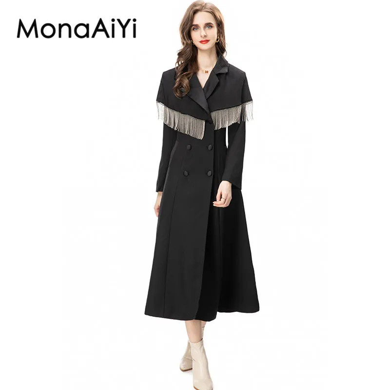 

MonaAiYi Fashion Designer Autumn/Winter Cape Outerwear Women's Lapel Classic Double-Breasted Tassels Office Lady Black Trench