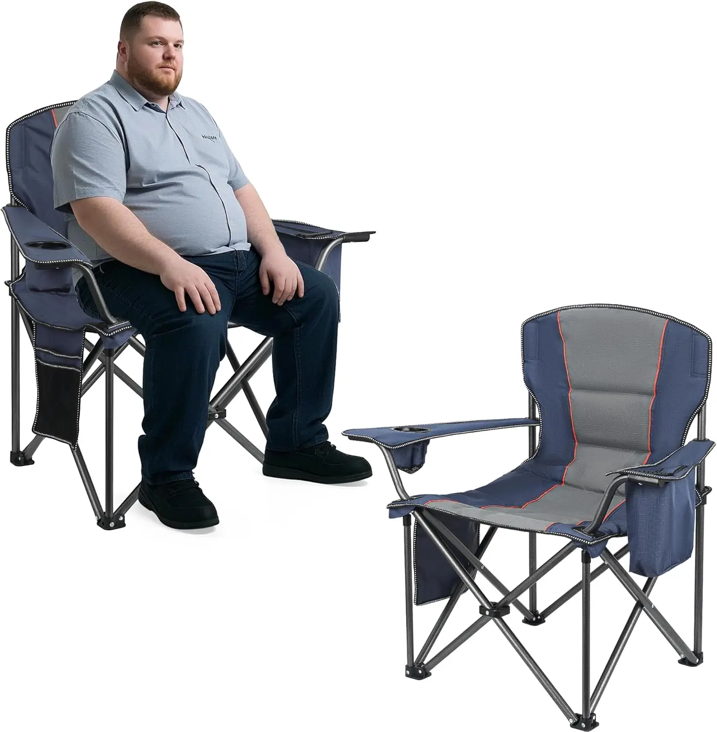

Heavy Duty Oversized Camping Chair for Adults with Lumbar Support, Side Pocket, Cup Holder & Cooler Bag - Navy Blue