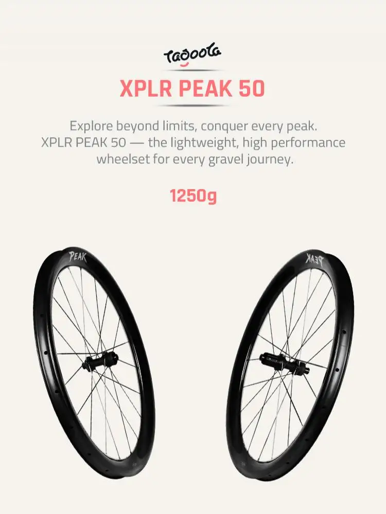 Tagoola XPLR PEAK 50 700C Carbon Wielset 32mm Interne Breedte Gravelbike Wielen Carbon Spaken 1250G Ultralicht S&S Lagers - afbeelding 2