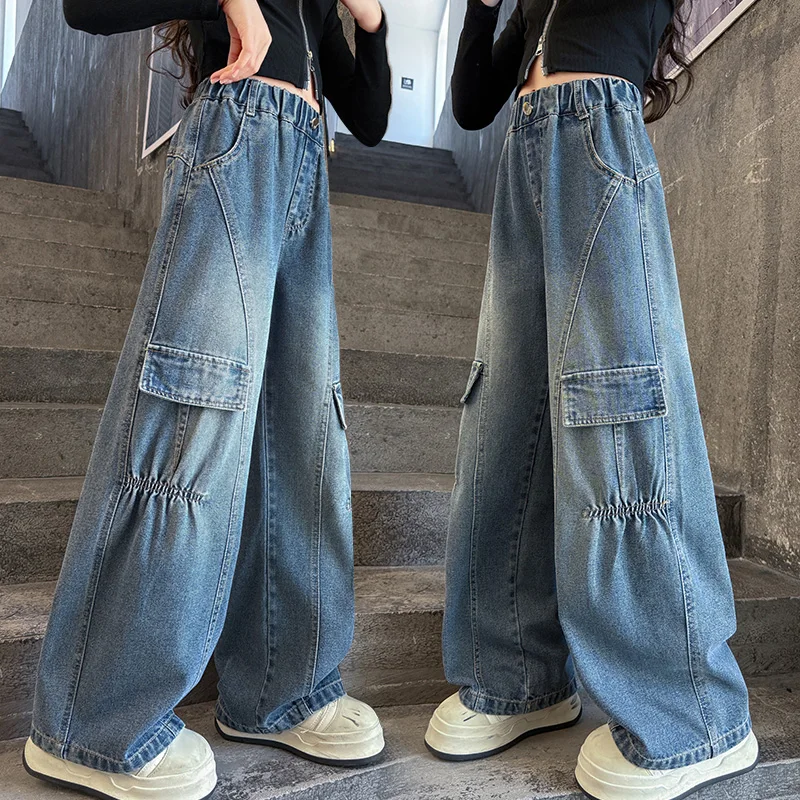 

Unique Design Kids Cargo Jeans With Pockets for Girl Street Style Casual Straight Denim Pants Child Vintage Jeans Trousers 4-14Y