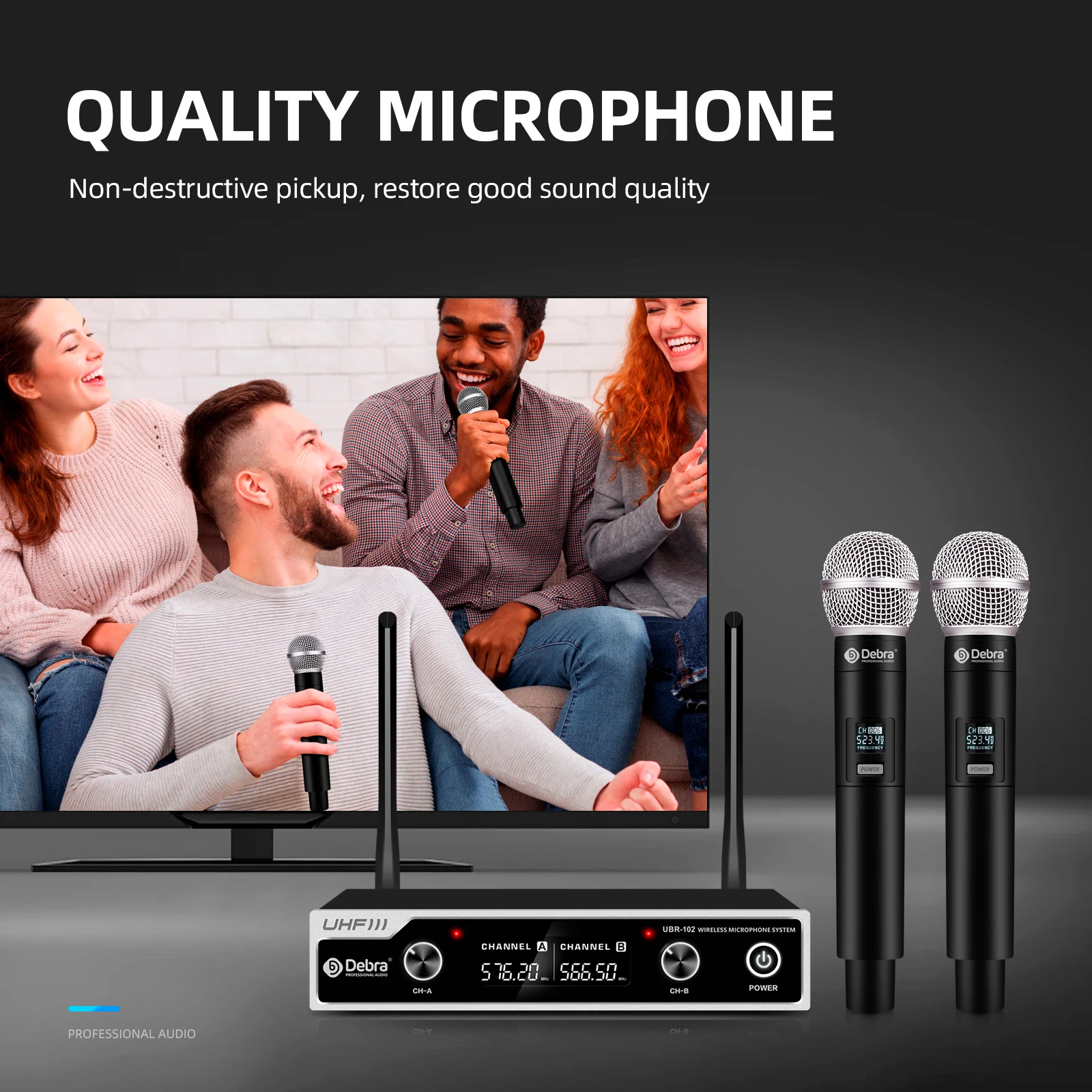 UHF Wireless Microphone For Karaoke UBR-102 With 2 Handed Cordless Microphone,260 foot range, suitable for churches, lectures