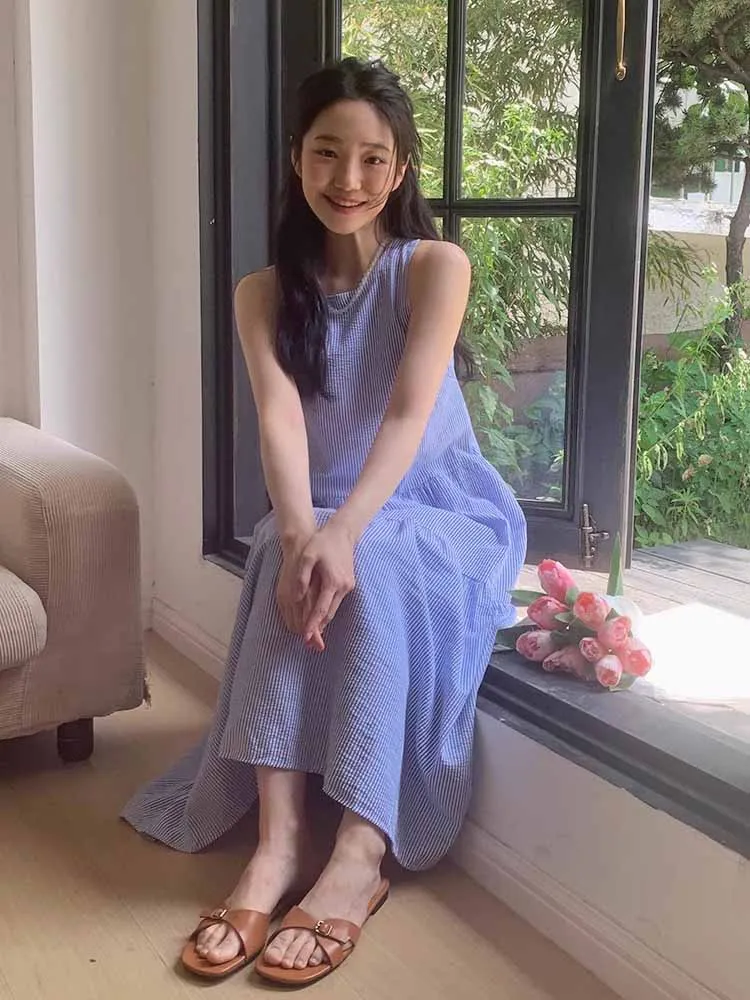 

Новинка лета: Женское свободное платье в полоску в корейском стиле, молодежное, средней длины, с многоярусной юбкой