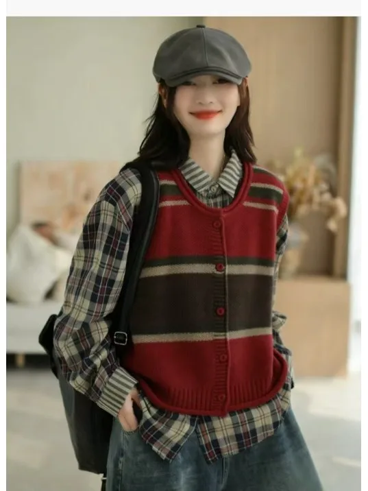 

Весенняя верхняя одежда, женский вязаный жилет в полоску из хлопка, свободный крой, неизолируемый многослойный длинный жилет для поездок на работу...